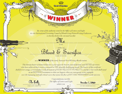 NaNoWriMo 2007 Winner certificate, personalized
